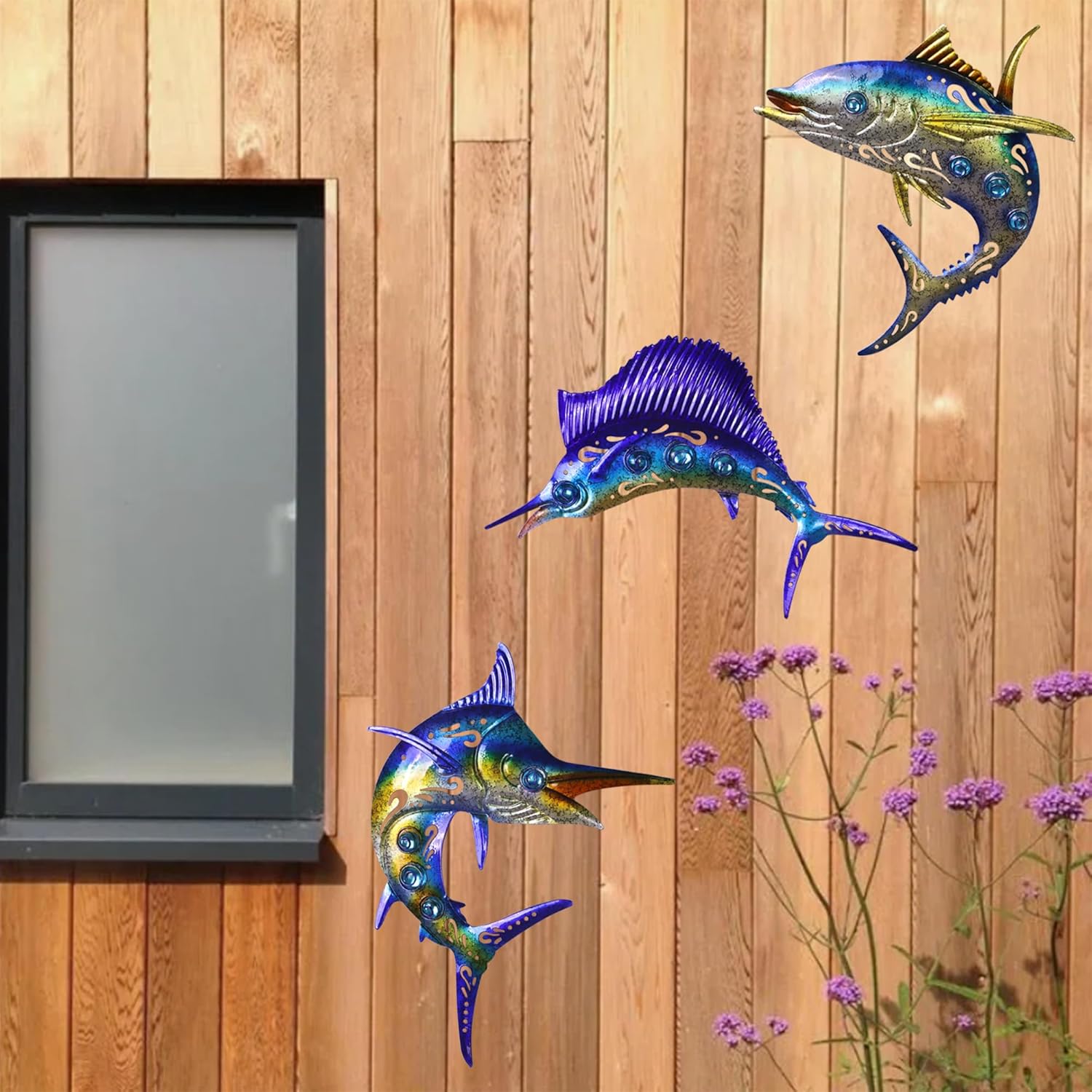 Metal Fish Wall Art Decor, 3-Piece Marlin Tuna Swordfish Set, Blue and Gold Tropical Ocean Theme