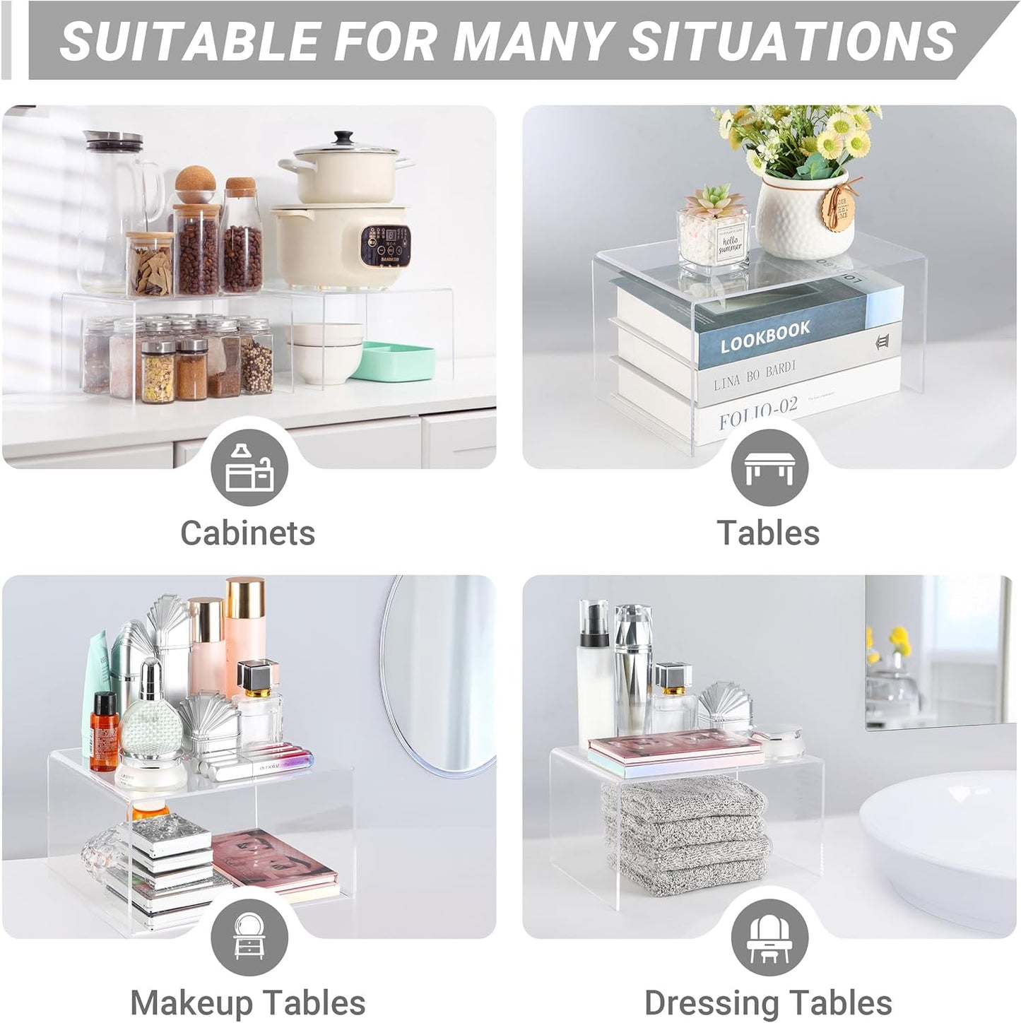 Acrylic Kitchen Cabinet Organizer Shelf, Spice Rack, Plate and Cupboard Storage Riser, Versatile