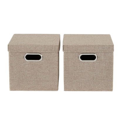 Household Essentials 802-1 Café Cube Bin Storage Set with Lids and Handles | 2 Pack, Brown Linen