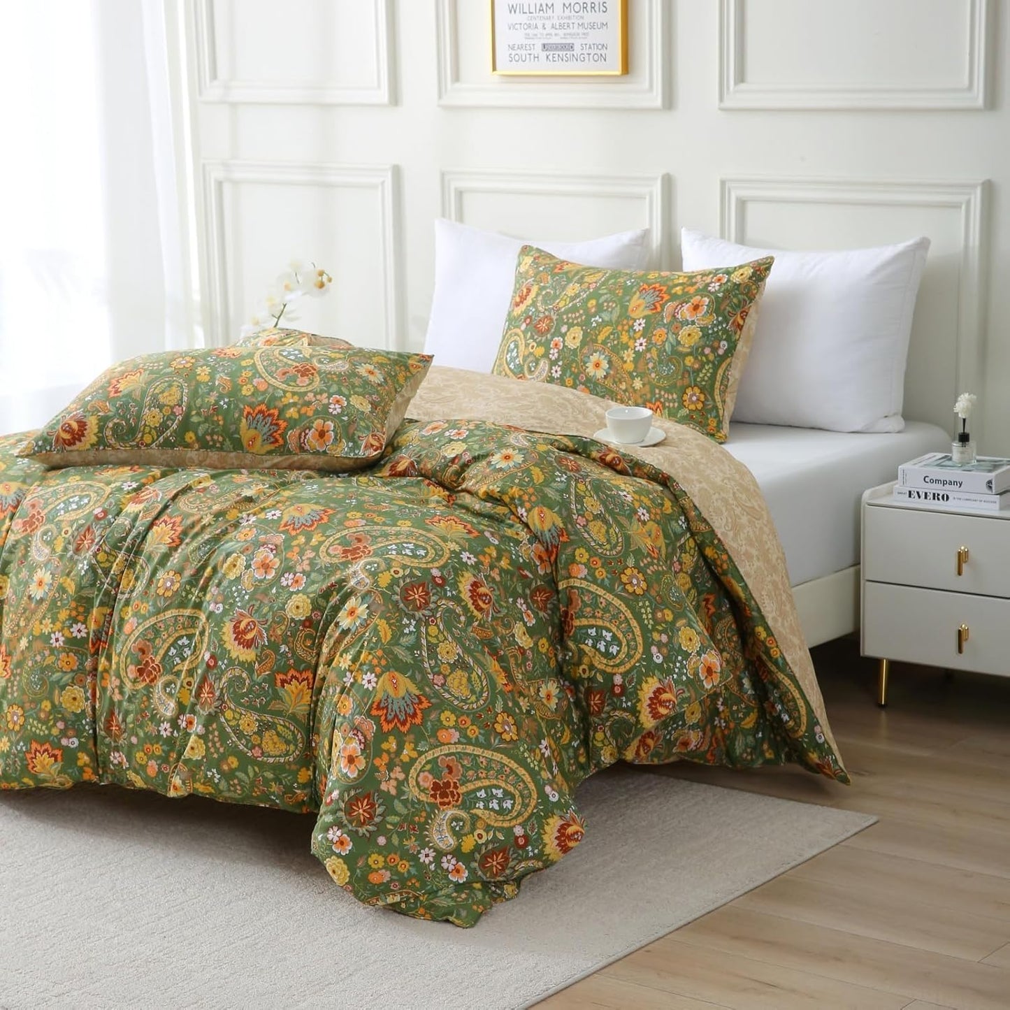 ABREEZE Paisley Bedding Sets 3Pcs Brushed Cotton Duvet Cover Set Queen Size Rustic Damask Green