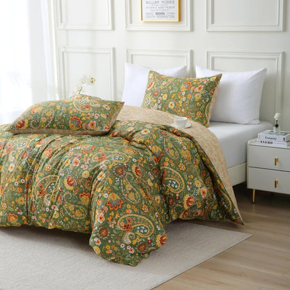 ABREEZE Paisley Bedding Sets 3Pcs Brushed Cotton Duvet Cover Set Queen Size Rustic Damask Green
