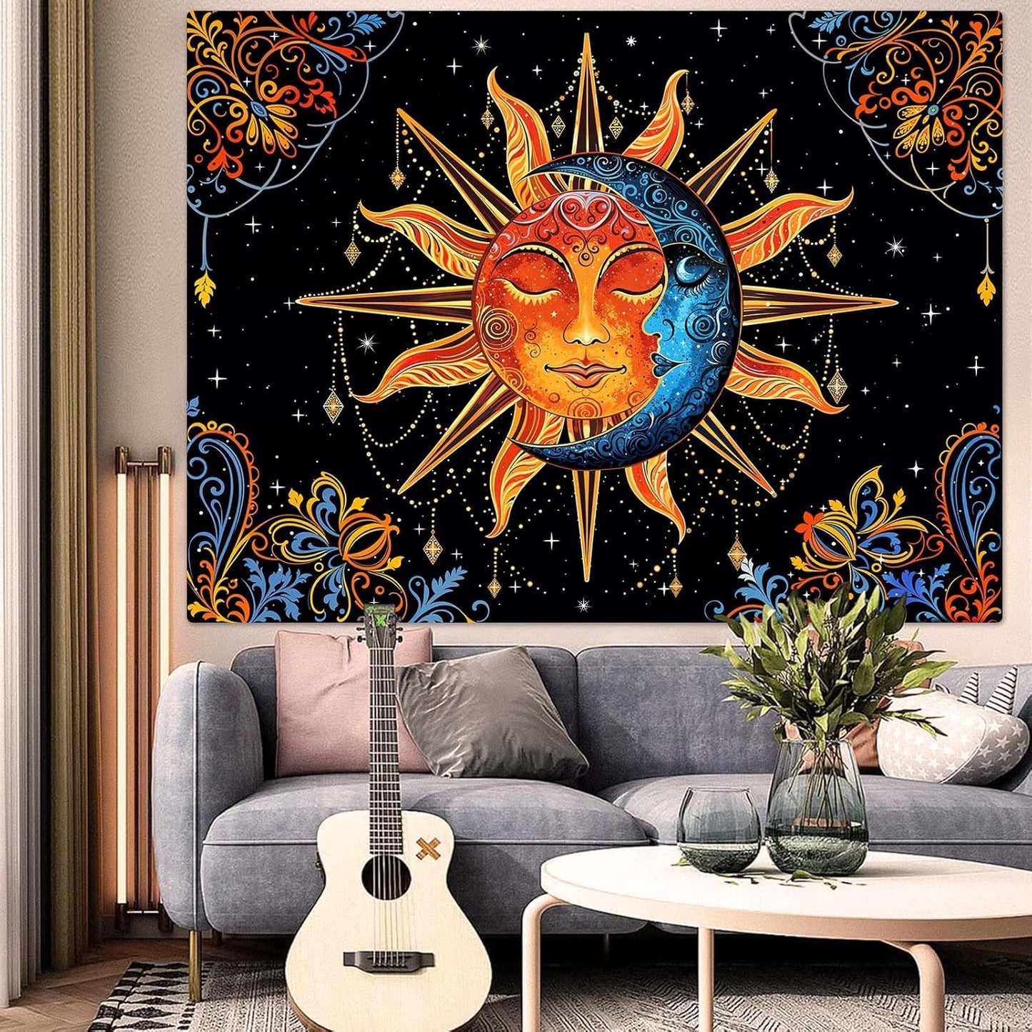 Lunerfex Sun and Moon Tapestry Mandala Wall Tapestry, Cute Tapestries for Bedroom Ceiling