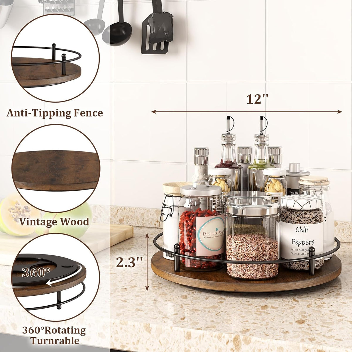 12" Lazy Susan Turntable Organizer,Round Wooden Lazy Susan Organization and Rotating Spice Rack for