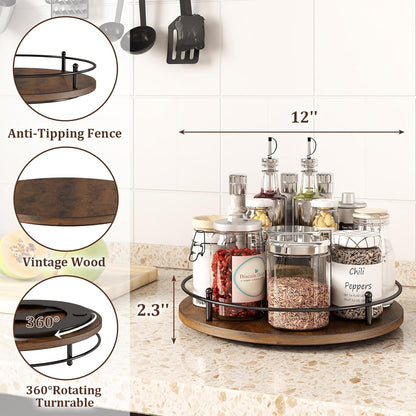 12" Lazy Susan Turntable Organizer,Round Wooden Lazy Susan Organization and Rotating Spice Rack for