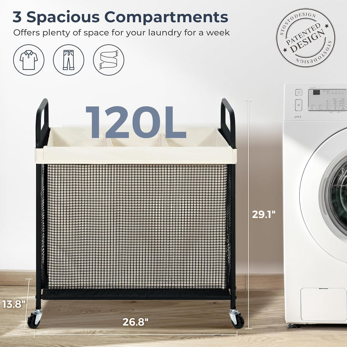 STO STO Laundry Hamper 3 Section, 120L Rolling Laundry Sorter Cart with Removable and Washable