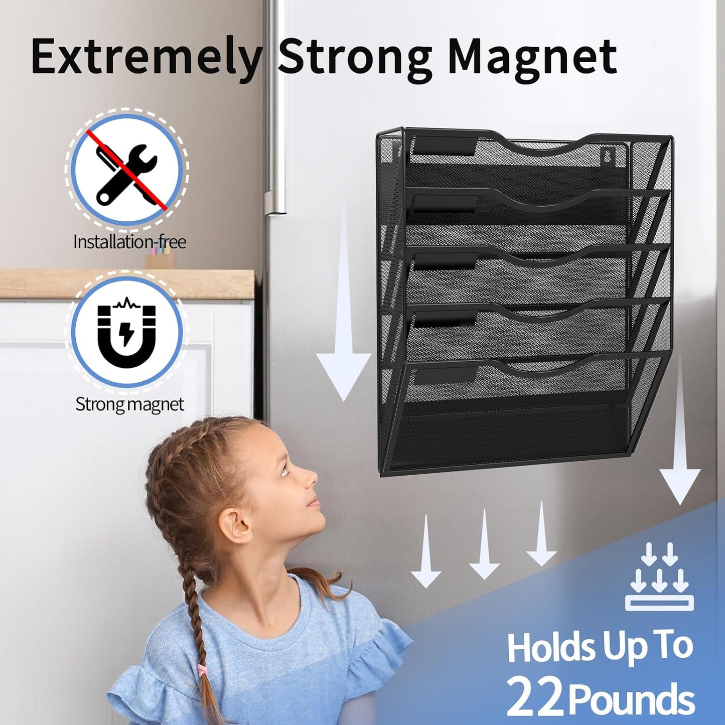 5-Tier Magnetic File Holder, No Drilling Installation File Cabinet Organizer, Black Magnetic File