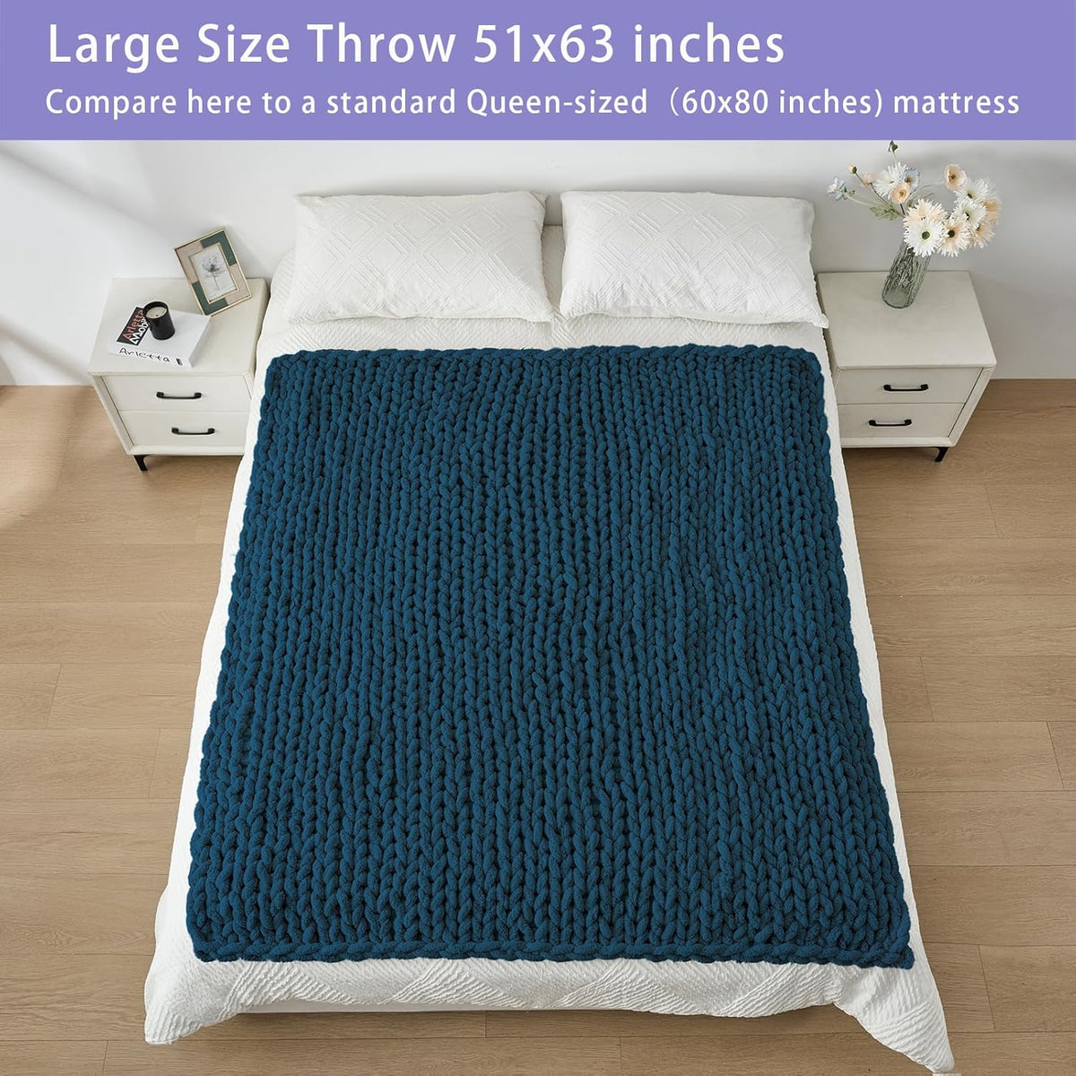 Bigacogo Chunky Knit Throw Blanket for Couch, 51x63 inches, 100% Hand Knitted with Thick Jumbo