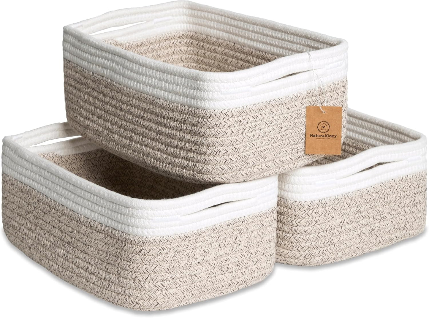 NaturalCozy 11.8"x8"x4.5” Storage Baskets for Shelves 3 Pack | Cotton Rope Woven Small Baskets for