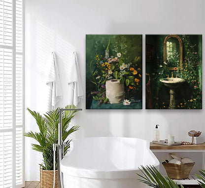 3Pcs Framed Vintage Dark Green Bathroom Wall Art Shower Toilet Paper Roll Floral Poster Print
