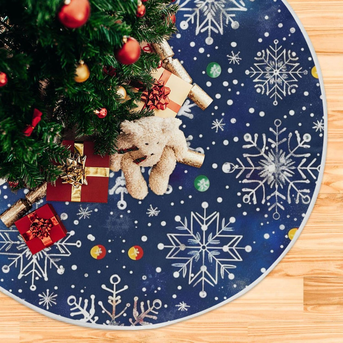 Christmas Tree Skirt, 48 Inch White Snowflakes Blue Background Xmas Tree Skirt for Christmas New