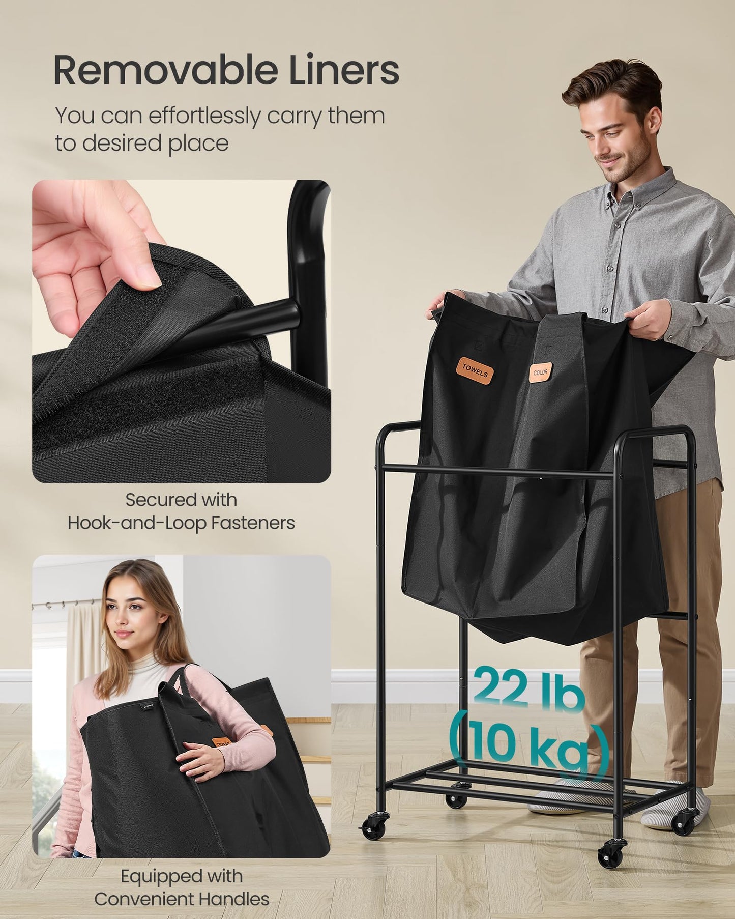 SONGMICS 2-Section Laundry Sorter, Laundry Hamper with Wheels, Rolling Clothes Hamper Cart with