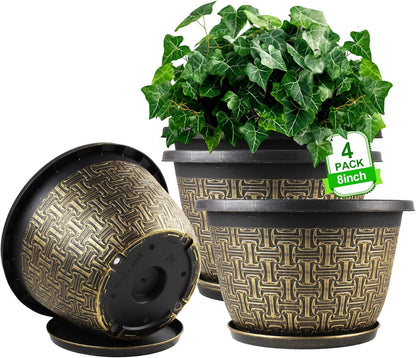 8 Inch Plant Pots, 4 Pack Flower Pot Outdoor with Drainage Holes & Trays, Retro Antique Imitation