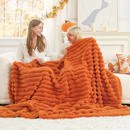 Cozy Bliss Fall Harvest Faux Fur Throw Blanket for Couch, Cozy Warm Plush Striped Blanket for for
