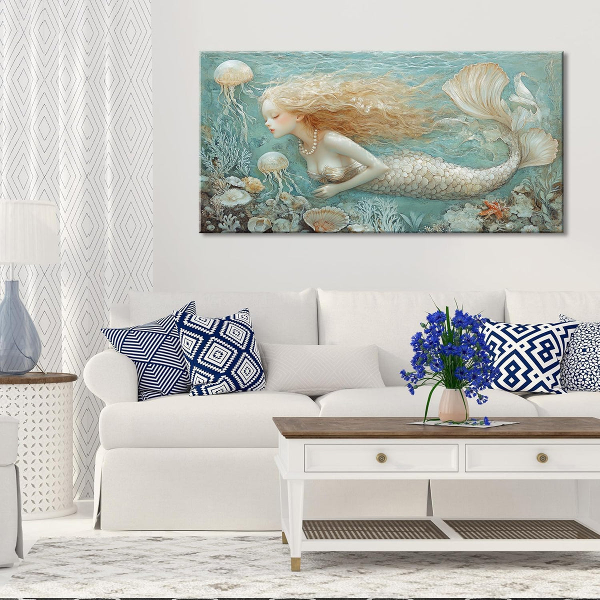 LASMOND Ocean Mermaid Wall Art for Girls Room Modern Canvas Prints Marine Organism Underwater World