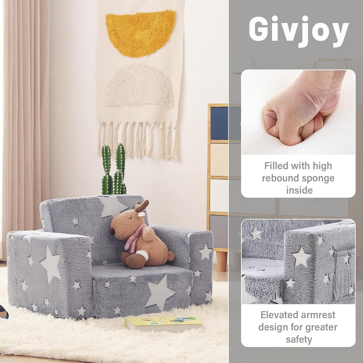 Toddler Chair Plush Kids Couch, 2-in-1 Comfy Armchair Removable and Washable Cover Carrying Handle