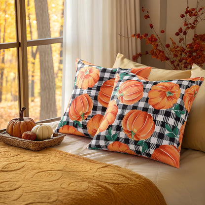 decorUhome Fall Orange Pumpkin Decorative Throw Pillow Covers 16x16 Set of 2, Buffalo Plaid Check