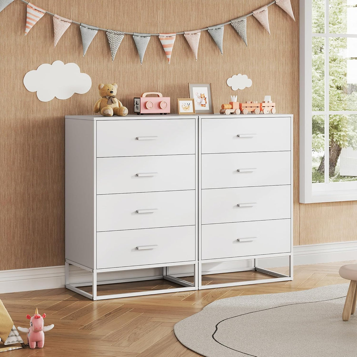 WLIVE White Wood Dresser for Bedroom with 4 Drawers, Tall Chest of Drawers with Sturdy Metal Frame
