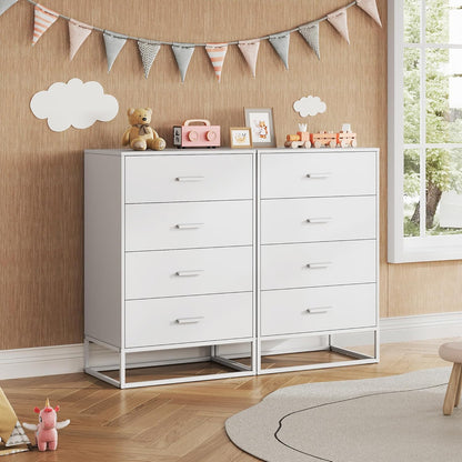 WLIVE White Wood Dresser for Bedroom with 4 Drawers, Tall Chest of Drawers with Sturdy Metal Frame
