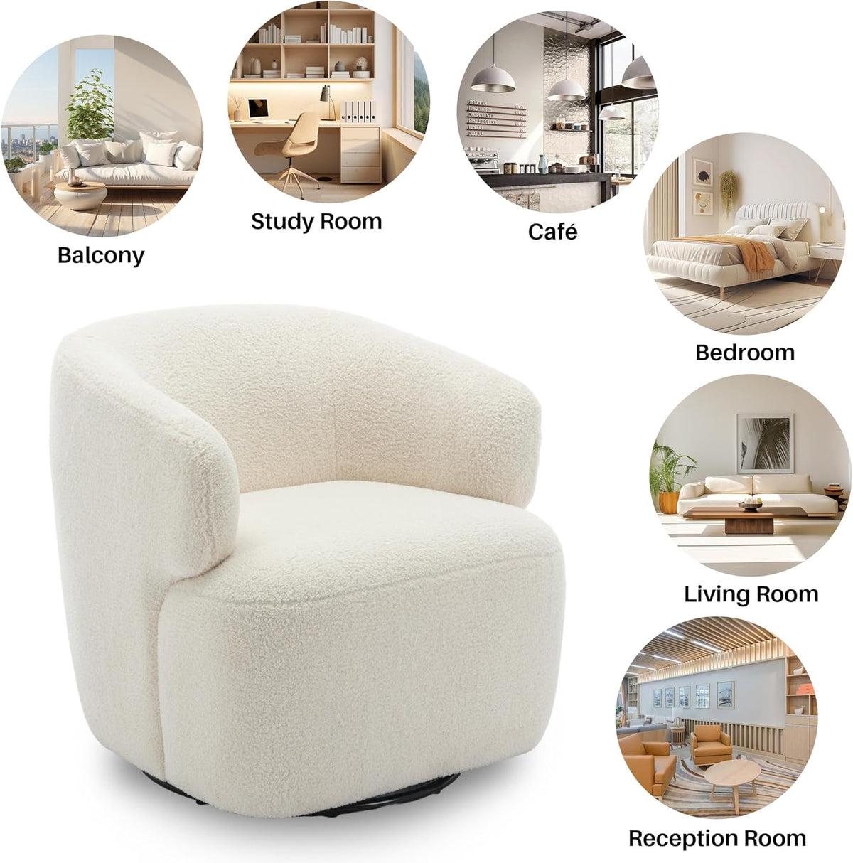 Swivel Accent Chair, Sherpa Teddy Barrel Chair for Living Room, Cozy Round Boucle Arm Chair, Metal