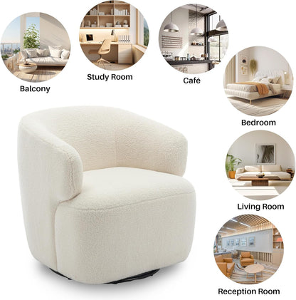 Swivel Accent Chair, Sherpa Teddy Barrel Chair for Living Room, Cozy Round Boucle Arm Chair, Metal