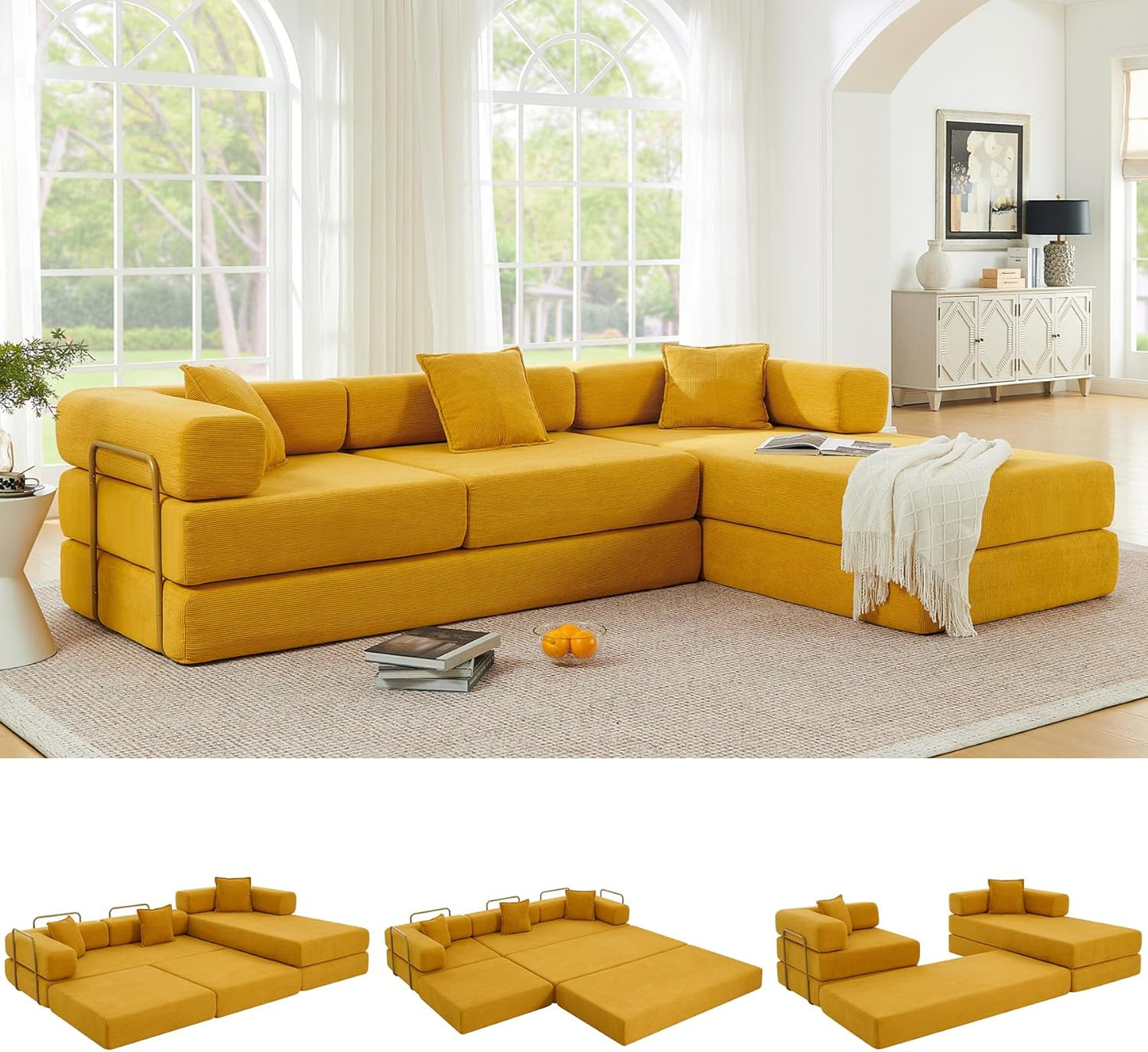 108" Oversized Convertible Sleeper Sofa Bed, Corduroy L Shape Sectional Couch, Folding Sofa Bed
