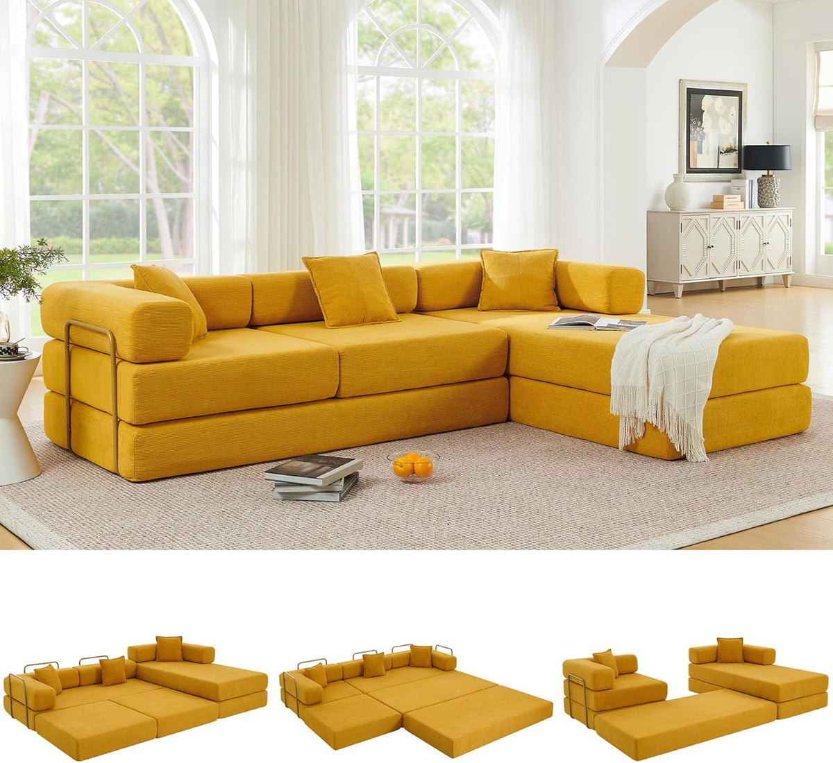 108" Oversized Convertible Sleeper Sofa Bed, Corduroy L Shape Sectional Couch, Folding Sofa Bed