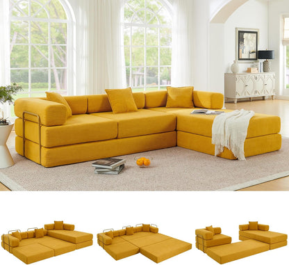 108" Oversized Convertible Sleeper Sofa Bed, Corduroy L Shape Sectional Couch, Folding Sofa Bed