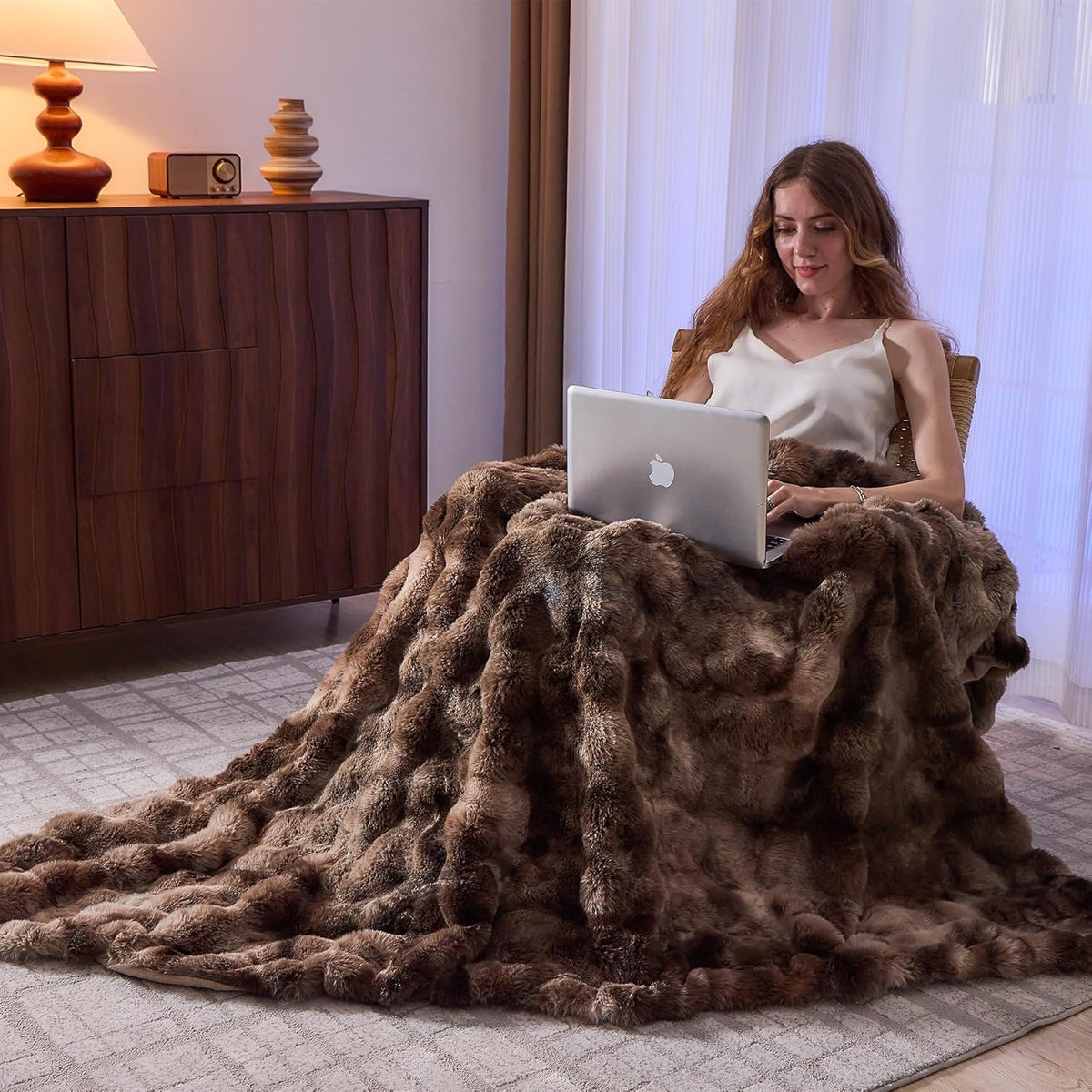 Lotus Karen Faux Fur Throw Blanket Tie-Dye Dark Coffee - Big Bubble Rabbit Fluff Blanket for Couch