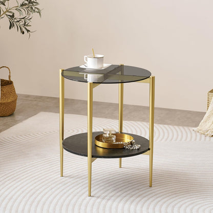Round Glass End Table, Mid-Century Modern Design Sofa Table for Living Room, D18 x H23 in, 2-Tier