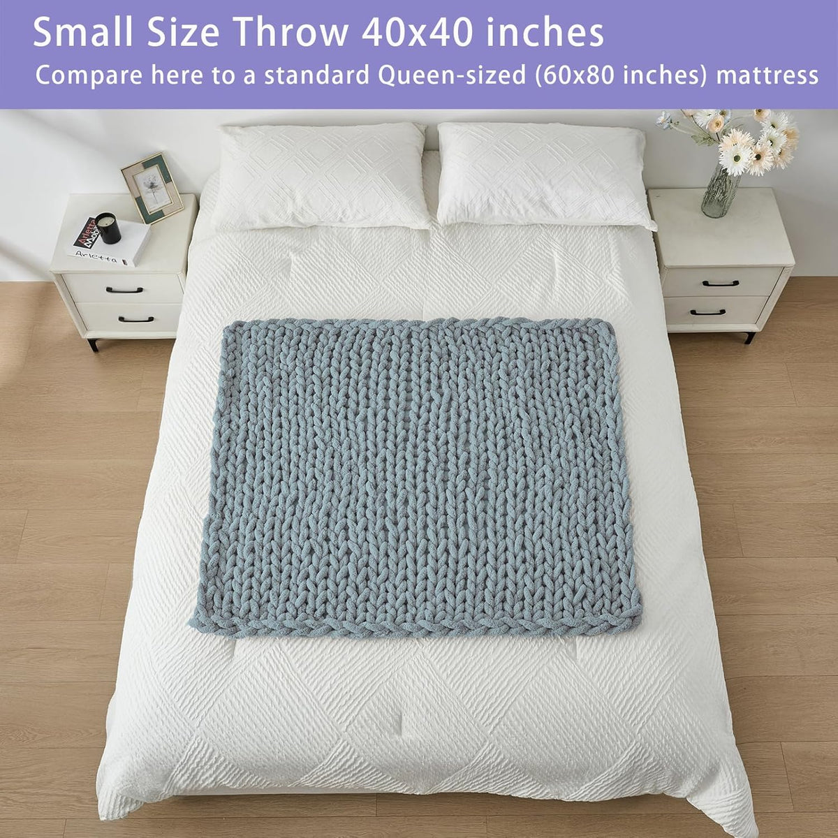 Bigacogo Chunky Knit Throw Blanket for Couch, 40x40 inches, 100% Hand Knitted with Thick Jumbo