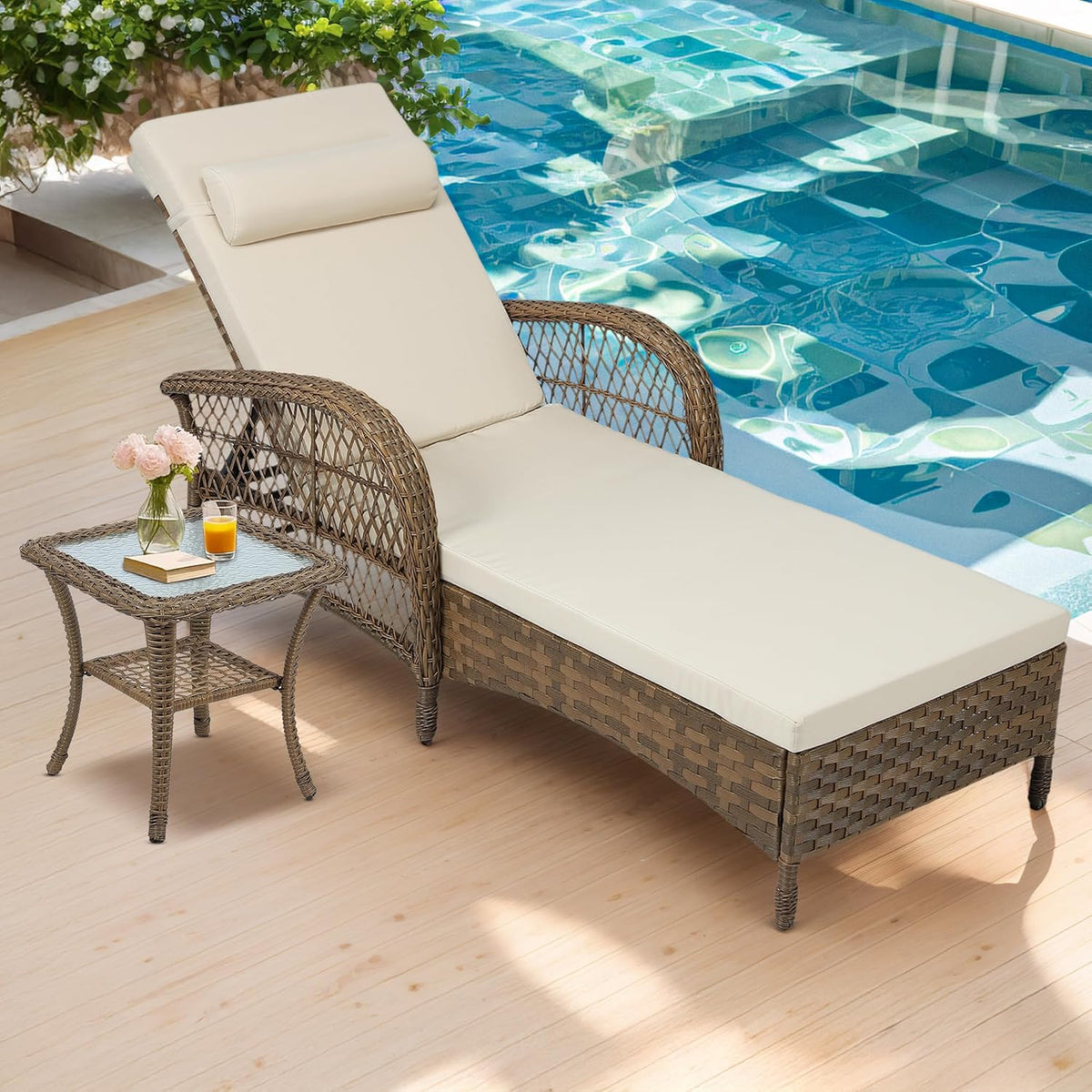 VIVIJASON Outdoor Wicker Chaise Lounge Chair, All-Weather PE Rattan Cushioned Patio Lounger Set