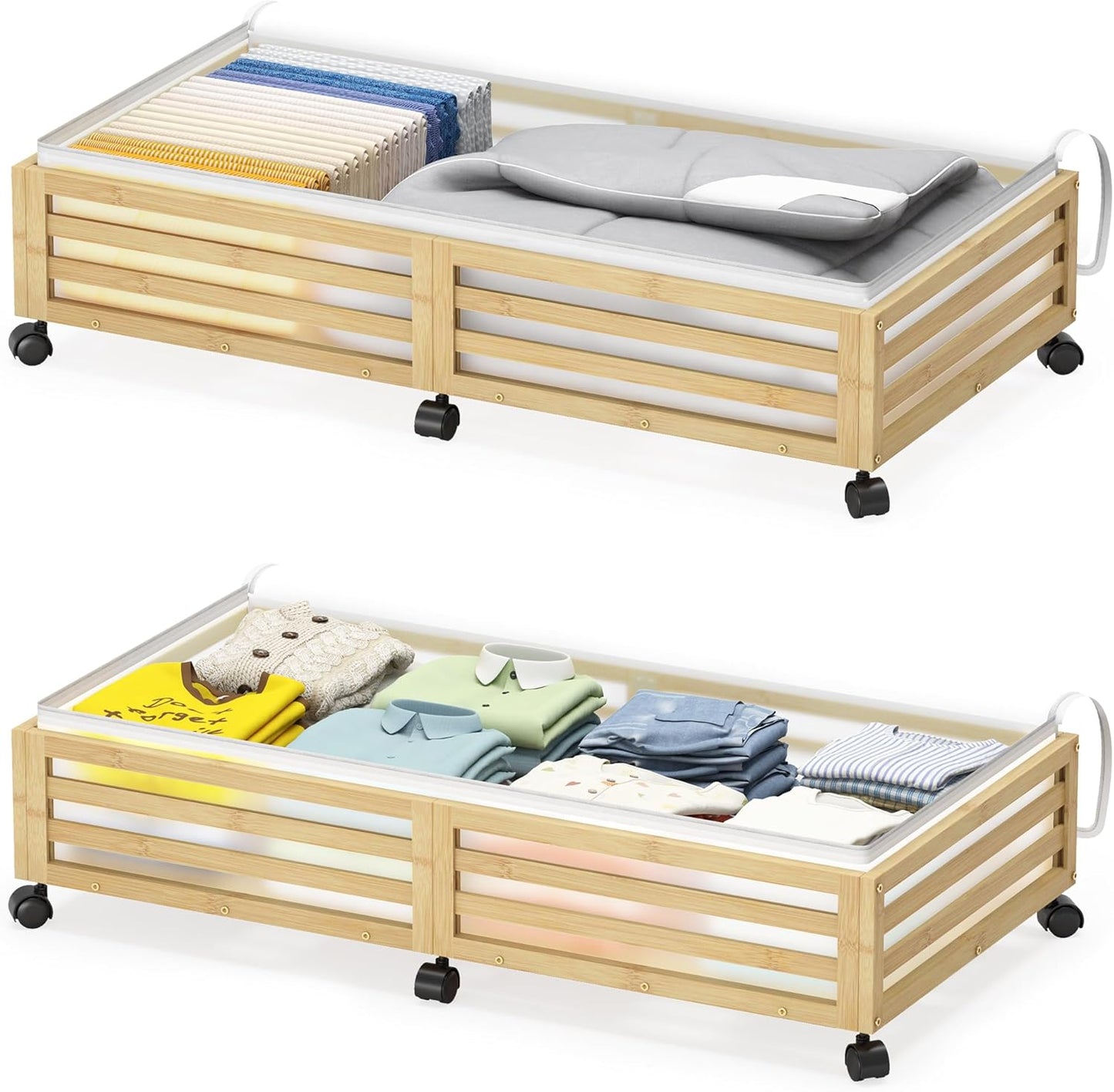 Under Bed Storage with Wheels-Large Bamboo Underbed storage Containers with Large Dust Bag