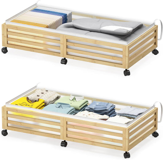 Under Bed Storage with Wheels-Large Bamboo Underbed storage Containers with Large Dust Bag