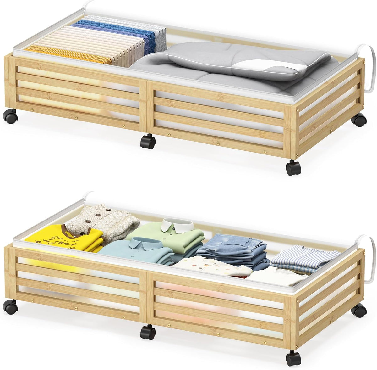 Under Bed Storage Containers With Wheels - 2 Pcs Large Bamboo Wood Rolling Underbed Shoe Storage