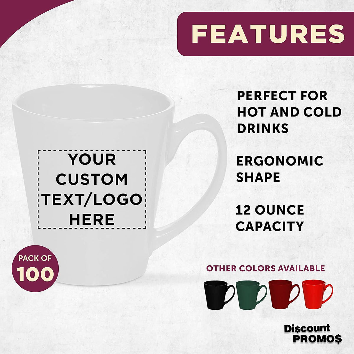 DISCOUNT PROMOS Custom Glossy Ceramic Latte Coffee Mug 12 oz. Set of 100, Personalized Bulk Pack