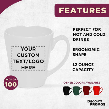 DISCOUNT PROMOS Custom Glossy Ceramic Latte Coffee Mug 12 oz. Set of 100, Personalized Bulk Pack