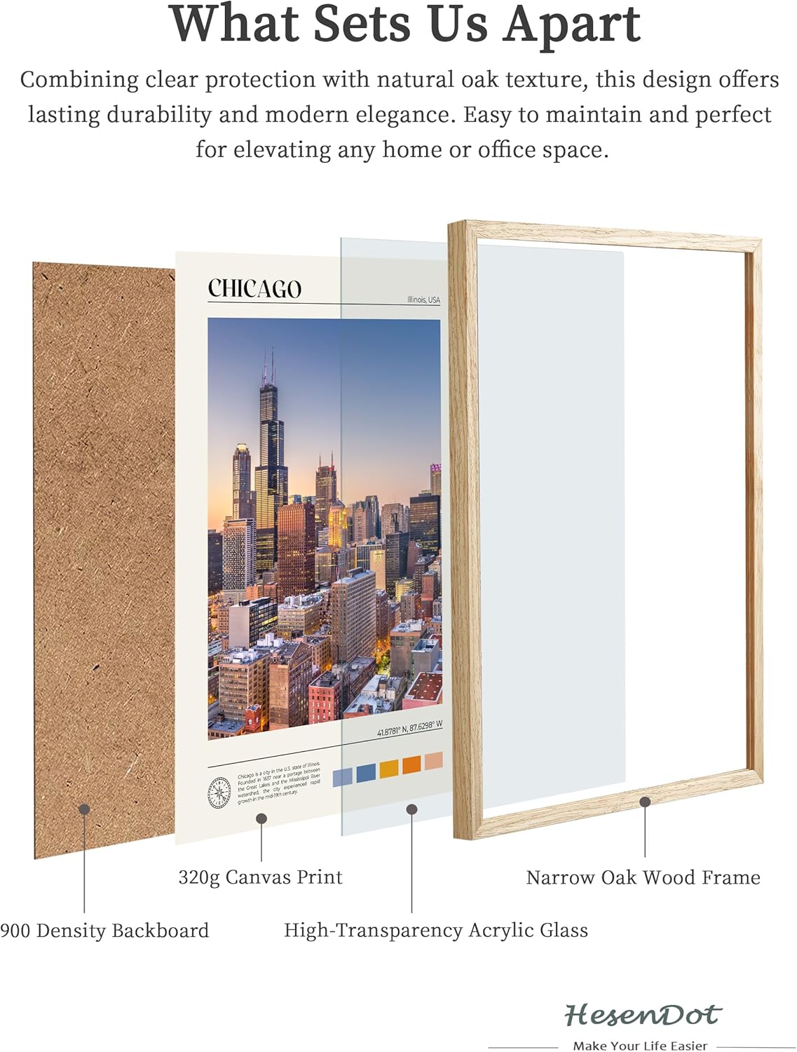 HesenDot Natural OAK Wood Chicago Cityscape Framed Wall Art,12x16in City Skyline Canvas Wall
