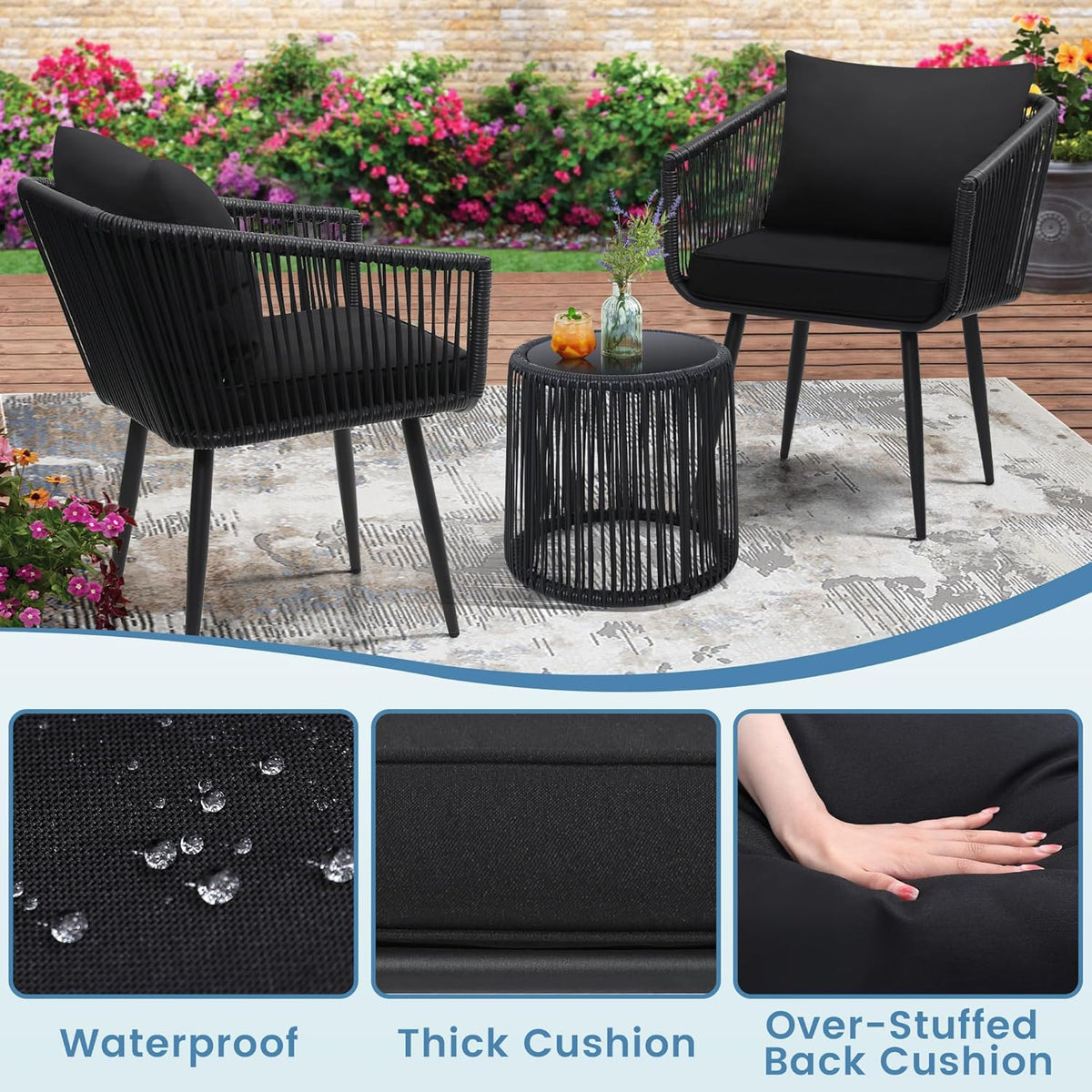 Kromax 3 Pieces Patio Rattan Bistro Conversation Set, Outdoor All-Weather Wicker Furniture Chairs