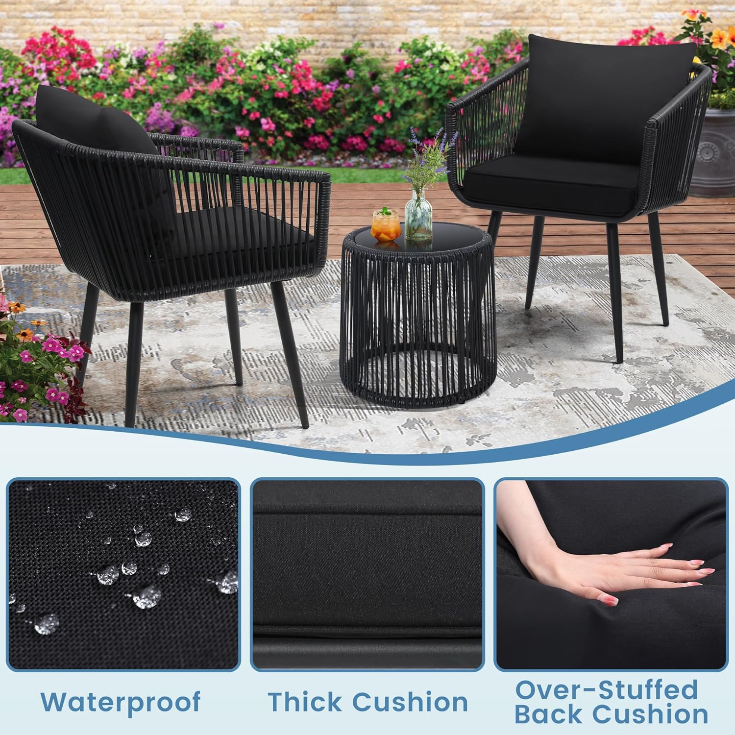 Kromax 3 Pieces Patio Rattan Bistro Conversation Set, Outdoor All-Weather Wicker Furniture Chairs