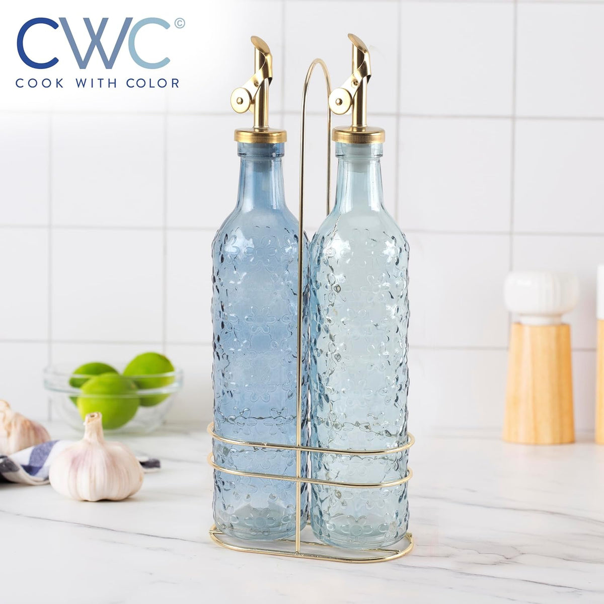 COOK WITH COLOR Glass Olive Oil Bottle Dispenser - 2 Pack- 17oz Oil and Vinegar Cruet - Olive Oil