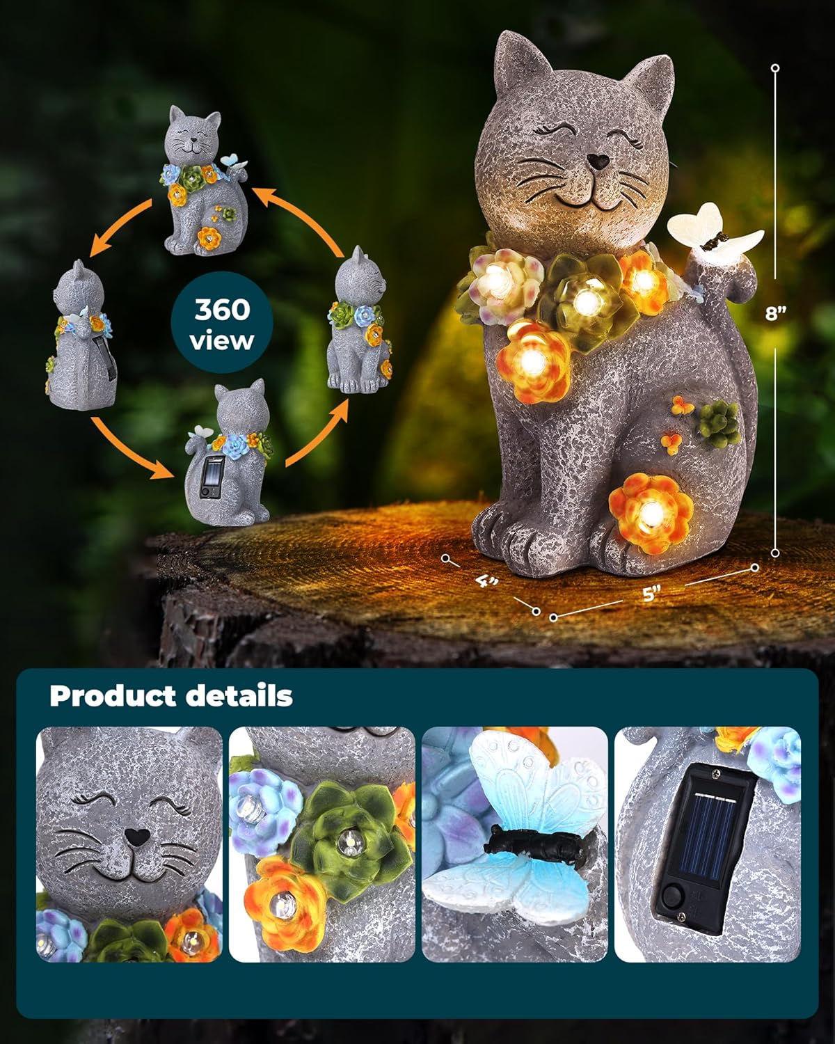 Solar Garden Statues Outdoor Decor, 6 LED Cat Flowers Butterfly Figurine Lights, Waterproof for