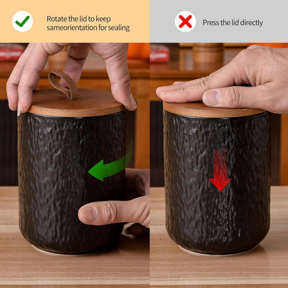 JOJUNO Black Ceramic Canister Set with Wooden Lid, 3-Piece Airtight Food Storage Jars for Kitchen