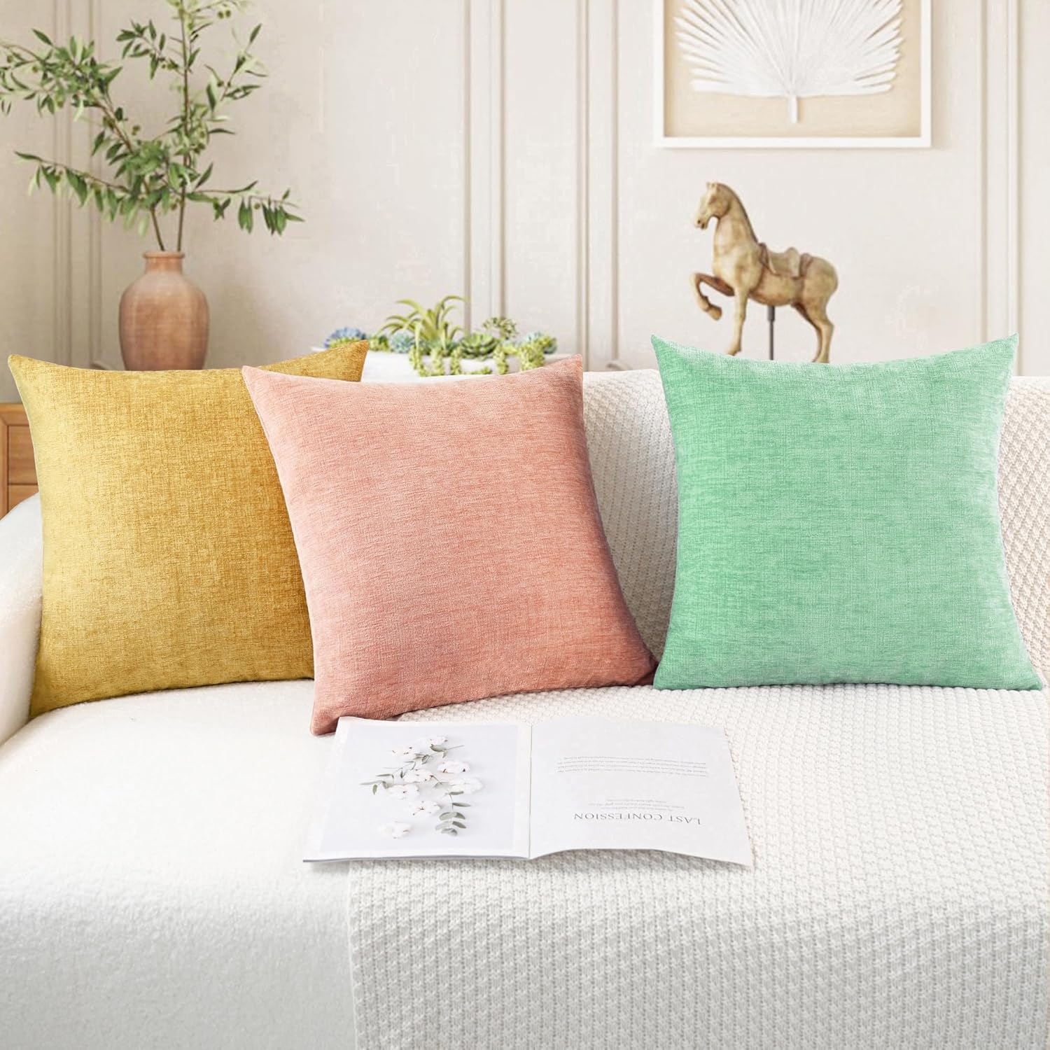 CaliTime Throw Pillow Covers Decorative 24 X 24 Inches Pack of 2 Cozy Chenille Cushion Cases for