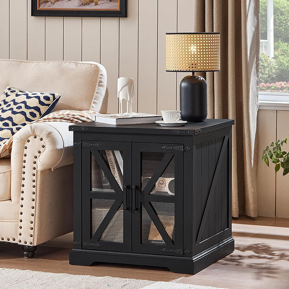 24" End Table Set of 2 with Charging Station, Farmhouse Night Stand with Glass Barn Door