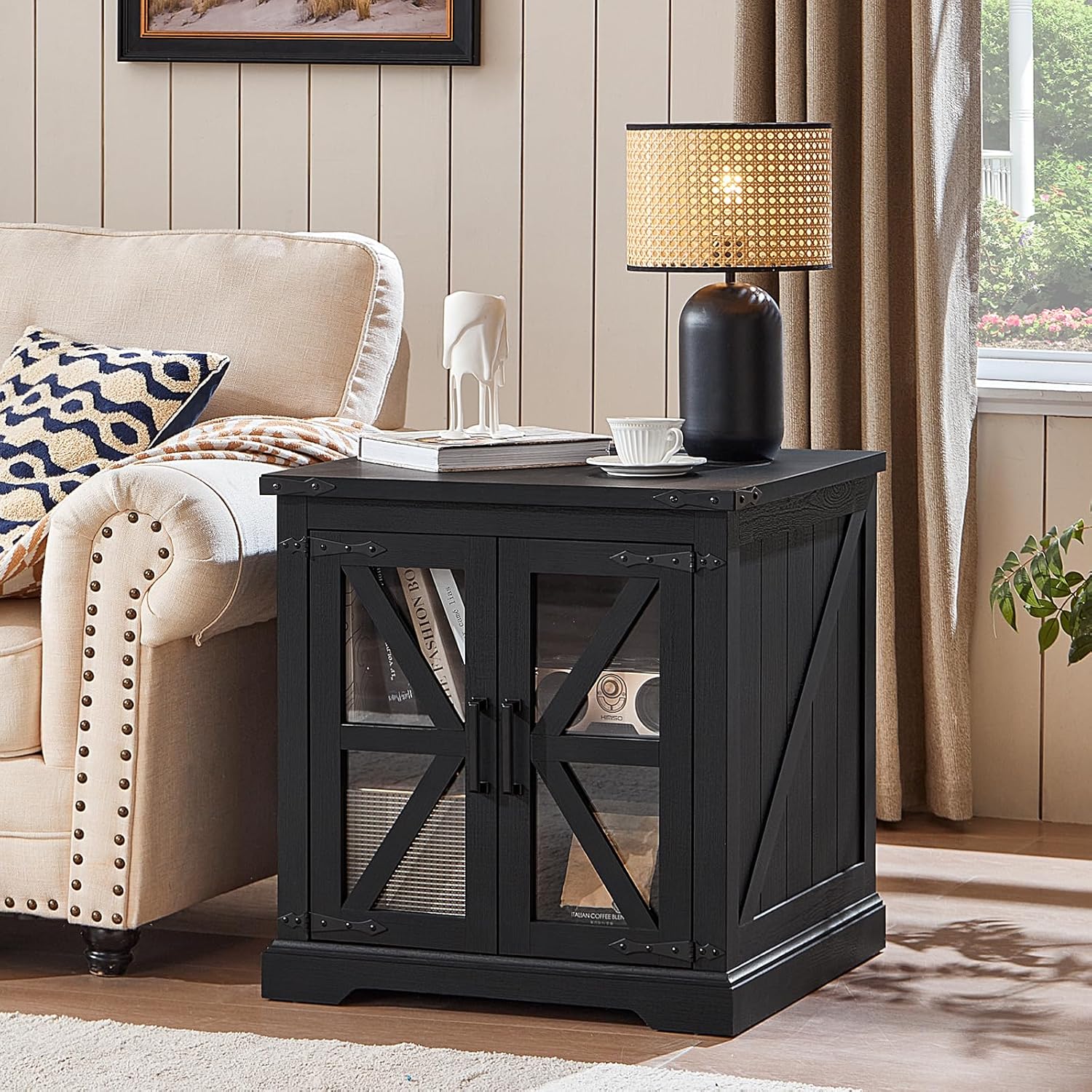 24" End Table Set of 2 with Charging Station, Farmhouse Night Stand with Glass Barn Door