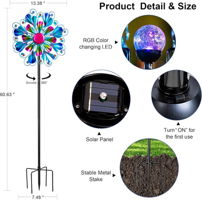 60'' Wind Spinner with Color Glass Ball Solar Lights, Blue Peacock Feathers Metal Garden Outdoor