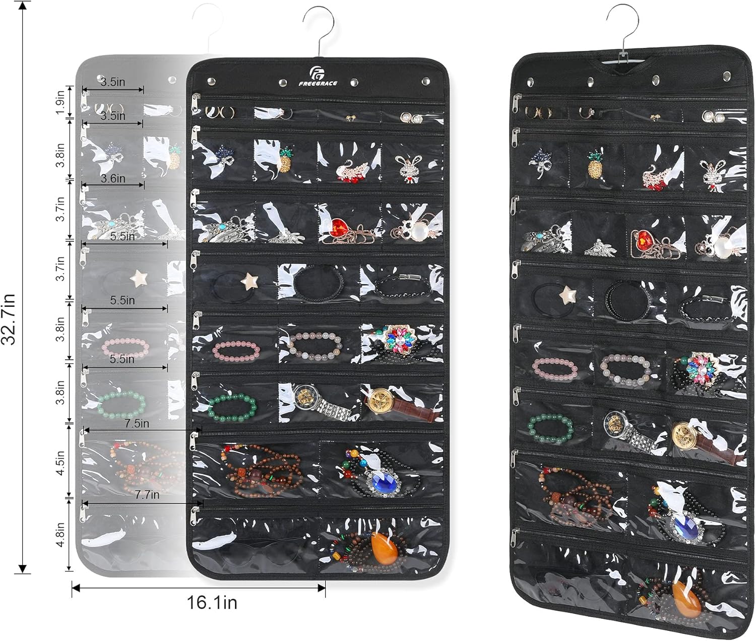 Freegrace Hanging Jewelry Organizer Revolving Hanger - Secure Zipper Closure - 50 Pockets