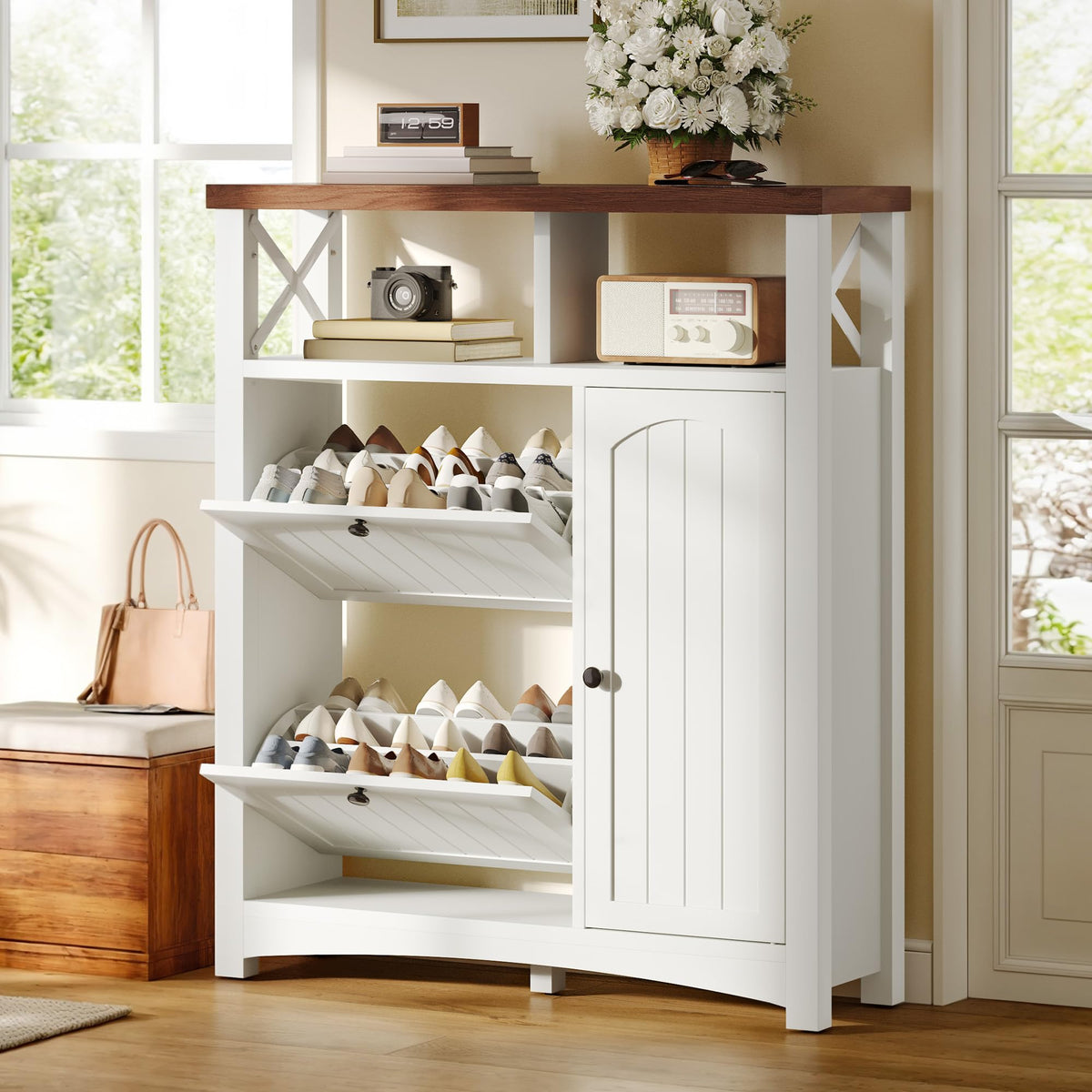 DWVO Set of 2 Shoe Cabinets with 2 Flip Drawers, Farmhouse Shoe Rack w/3-Tier Cabinet, Adjustable