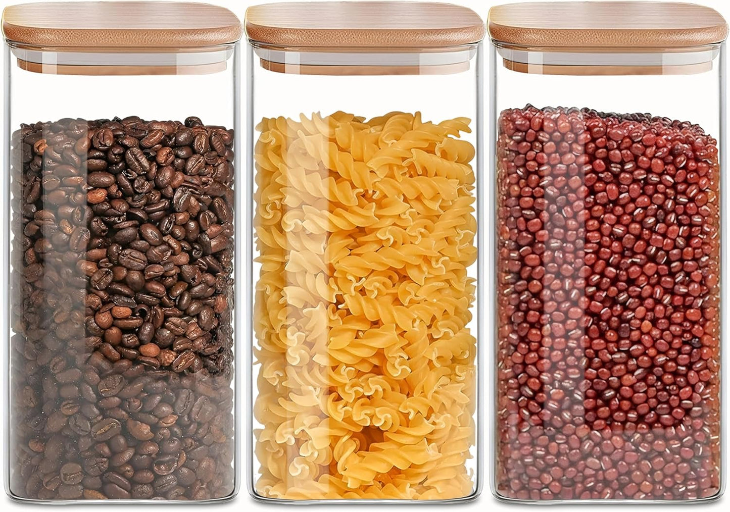 Square Glass Jars Canister with Wood Lid 50 FL OZ [Set of 3], Container Jar with Sealing, Lids for