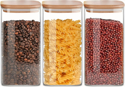 Square Glass Jars Canister with Wood Lid 50 FL OZ [Set of 3], Container Jar with Sealing, Lids for
